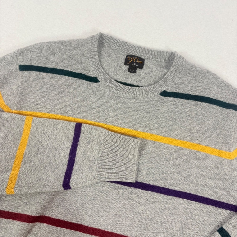 J. Crew Cashmere Sweater Mens M Gray Multi-Color Striped Crewneck Knit Academia